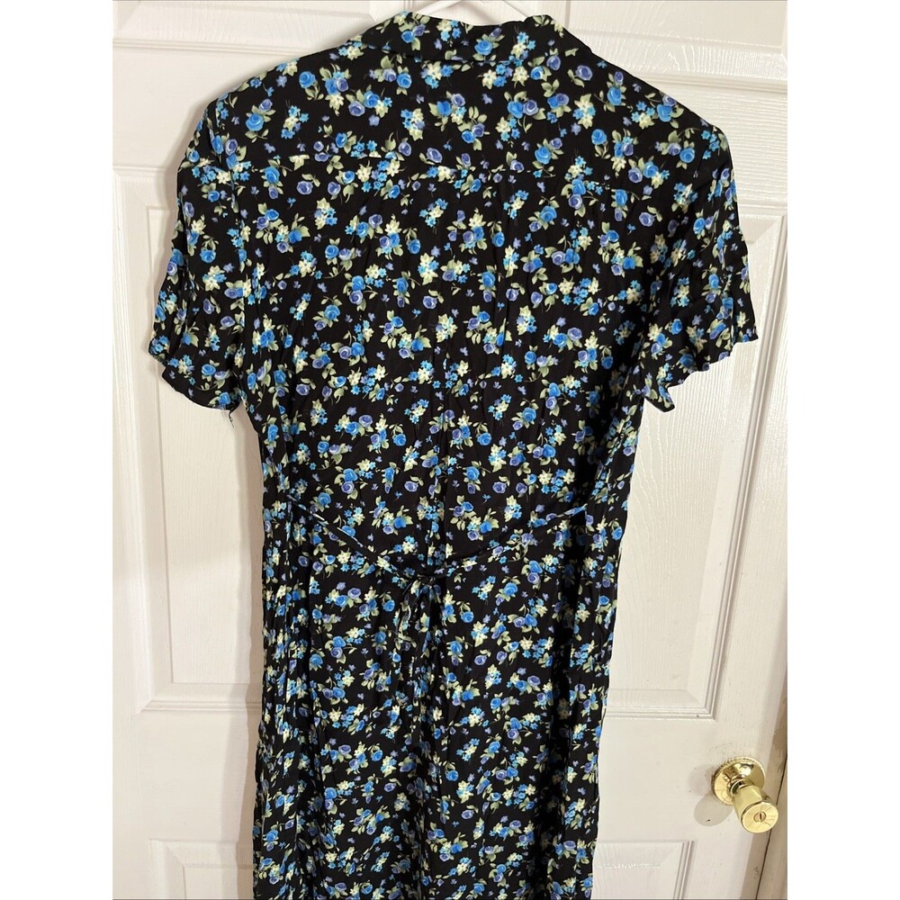 R&K Women's Black Floral Maxi Midi Dress Size 16 Blue Roses Short Sleeve Collar - Picture 6 of 7